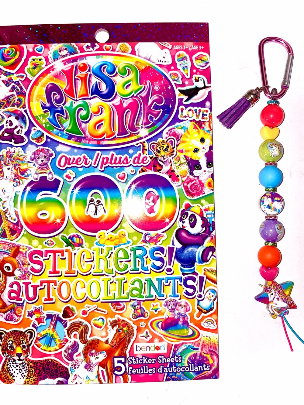 Lisa Frank Rainbow Stickers Pack with Beaded Keychain - Multicolor